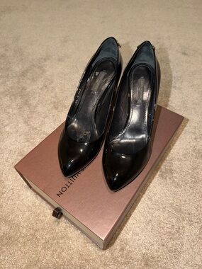 Louis Vuitton Glossy Black Patent Pointed Toe Pumps with Gold Detail